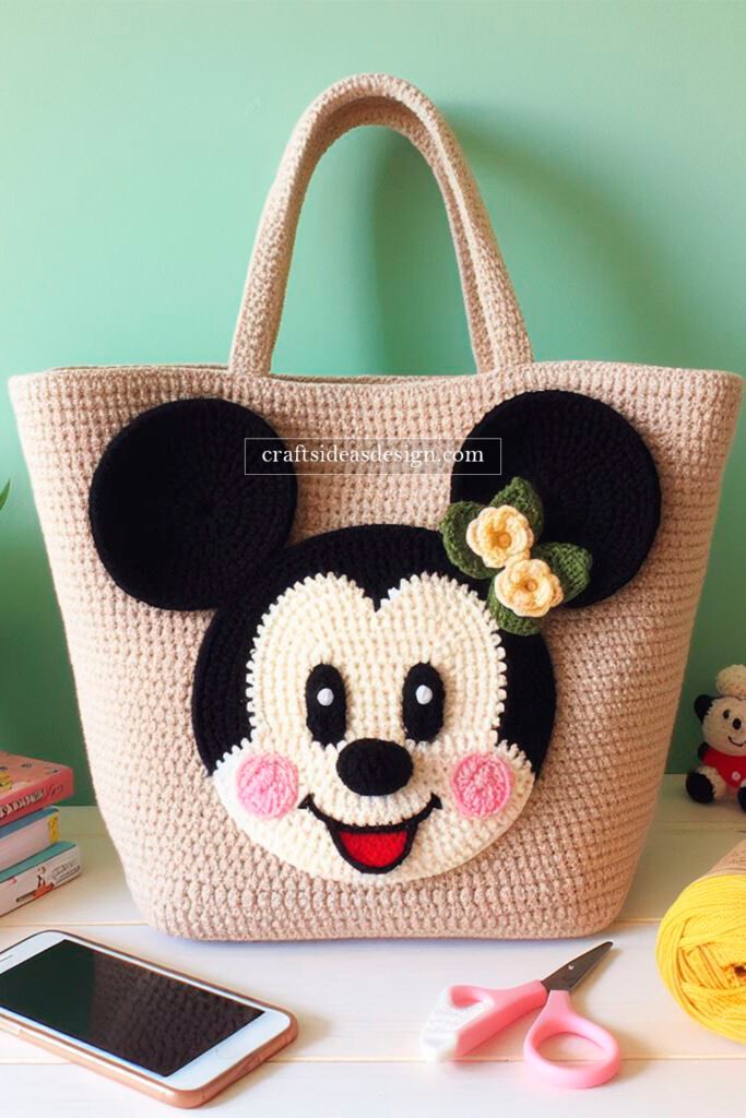 Crochet Mickey Mouse Tote Bag with Floral Accent
