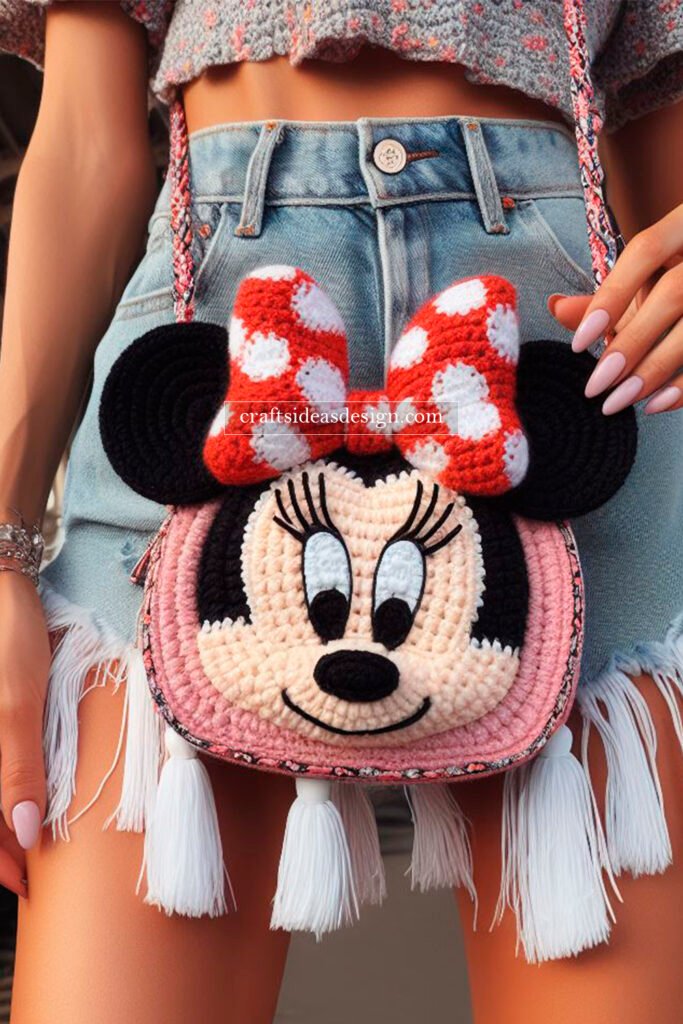 Crochet Minnie Mouse Crossbody Bag with Denim Fringe Shorts