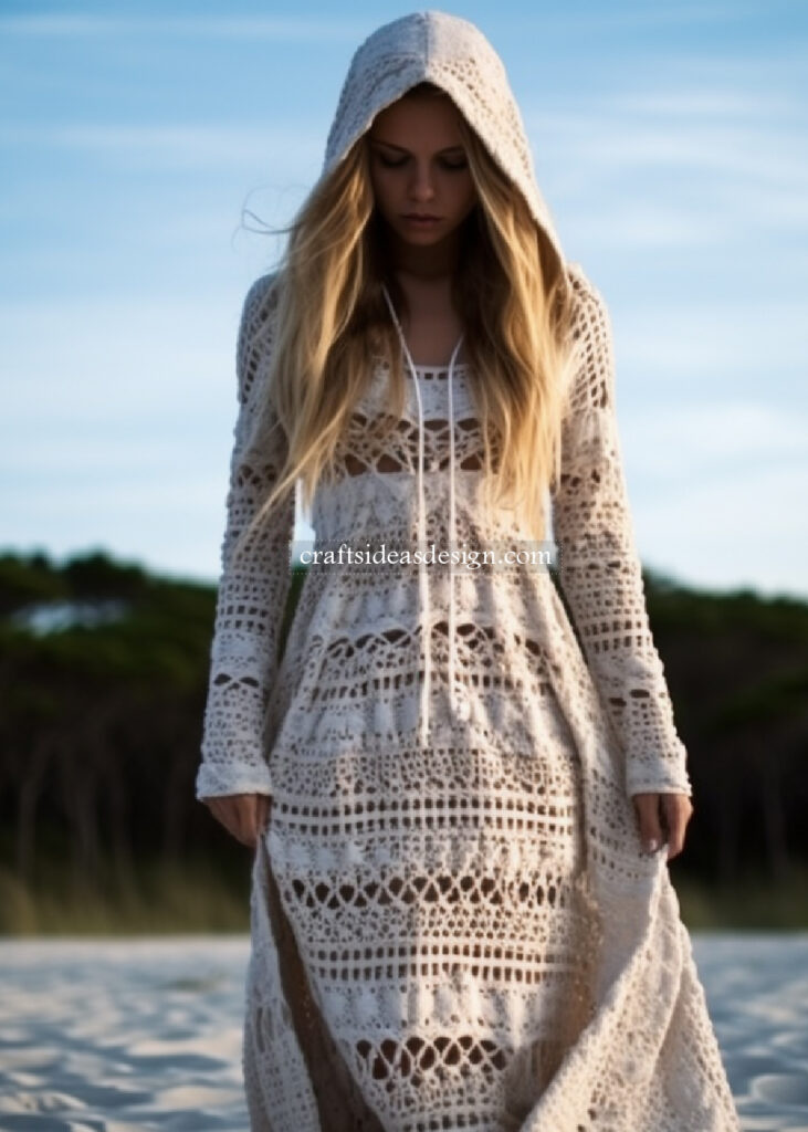 Crochet Long Sleeve Mini Dress With Hood