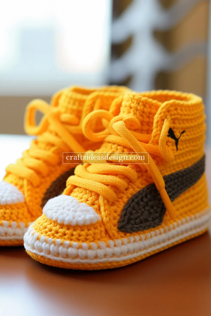 Crocheted Baby Booties by Famous Brands: Nike, Adidas, and Puma