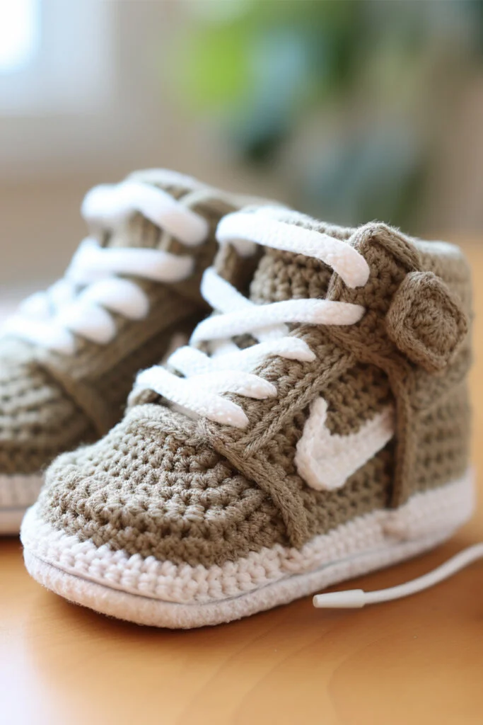 Crocheted Baby Booties by Famous Brands: Nike, Adidas, and Puma