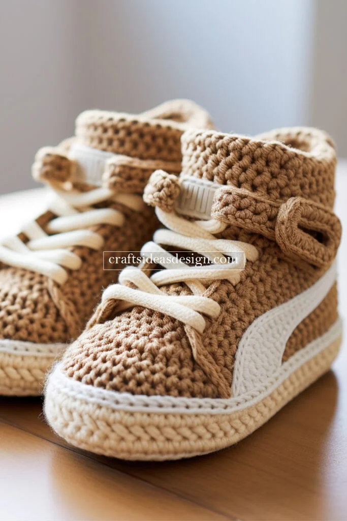 Crocheted Baby Booties by Famous Brands: Nike, Adidas, and Puma