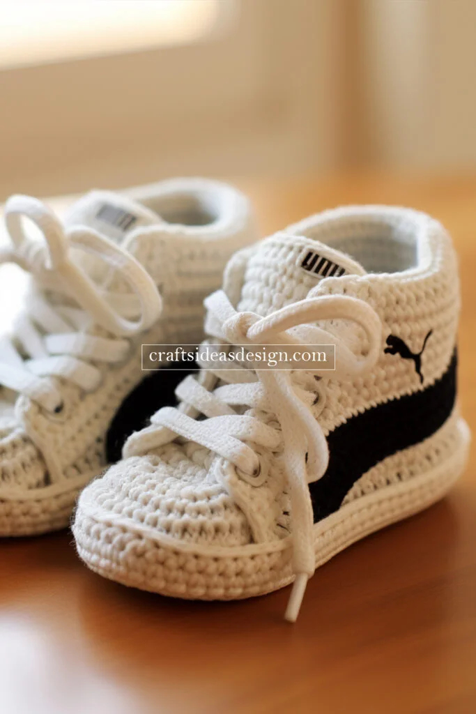 Crocheted Baby Booties by Famous Brands: Nike, Adidas, and Puma