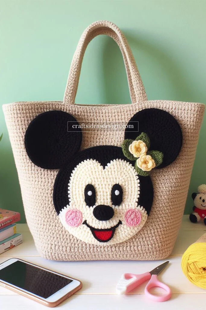 Crochet Mickey Mouse Tote Bag with Floral Accent