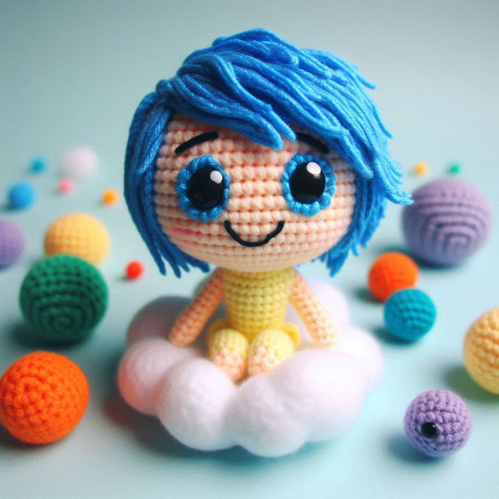 Amigurumi crochet doll with blue hair