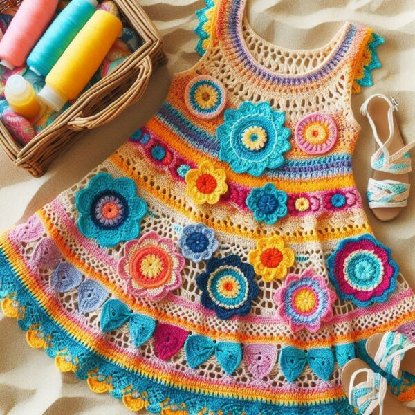 CROCHET FLOWER DETAIL KNIT MINI DRESS