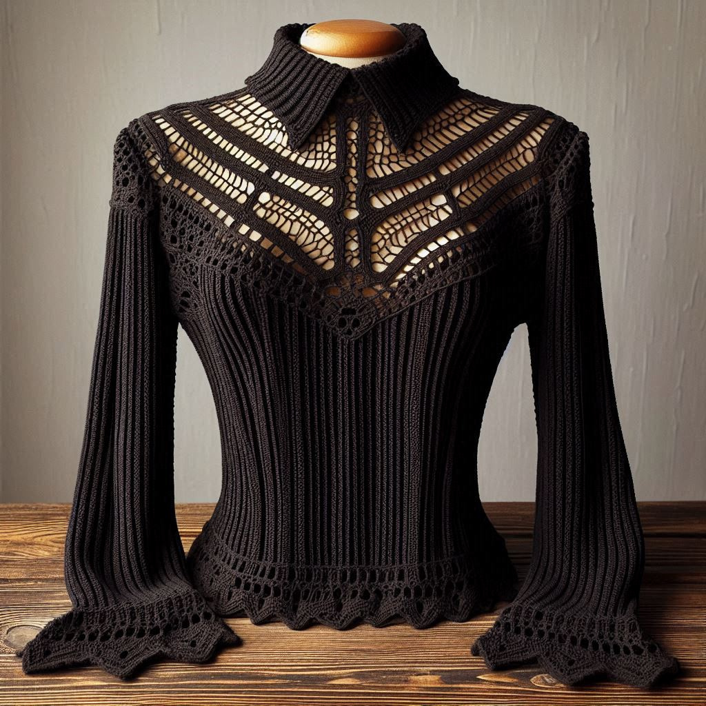 Elegant Black Crocheted Lace Sweater