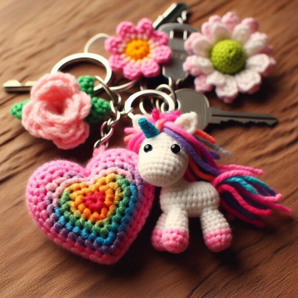 Crochet Rainbow Heart Keychain