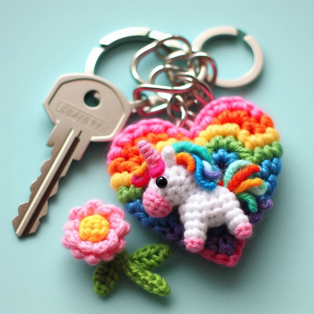 Crochet Rainbow Heart Keychain