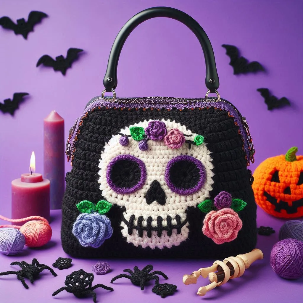 Crochet Sugar Skull Halloween Bag With Floral Accents 2