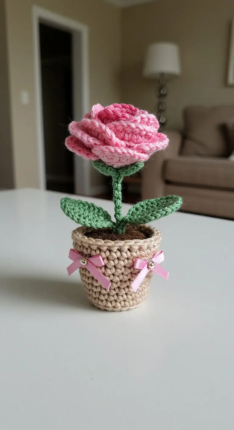 Mini Colorful Rose Made Of Crochet In Small Crochet Pot With Bow