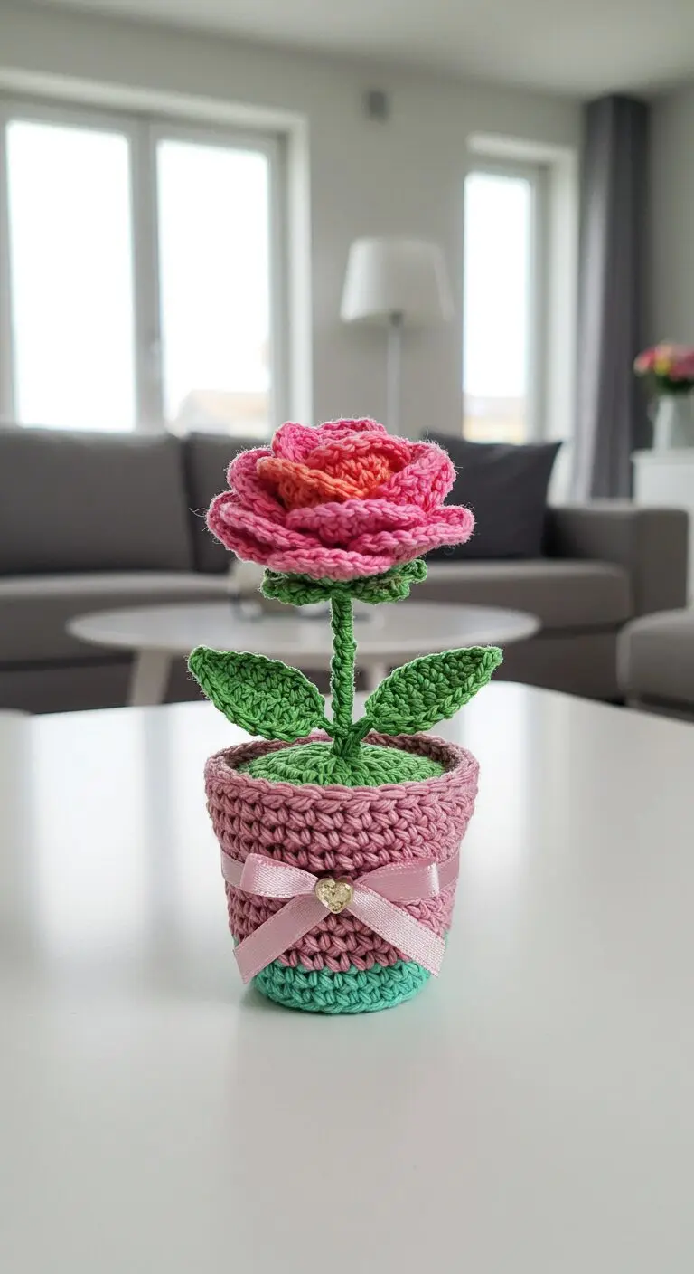 Mini Colorful Rose Made Of Crochet In Small Crochet Pot With Bow