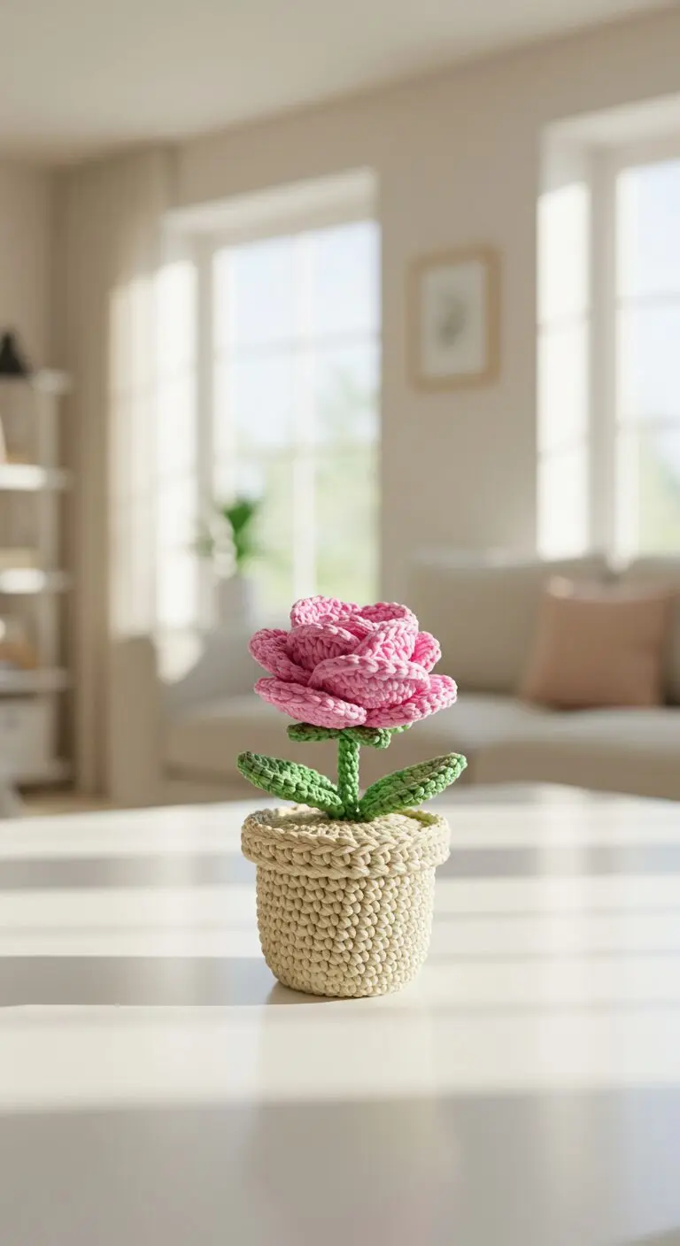 Mini Colorful Rose Made Of Crochet In Small Crochet Pot With Bow