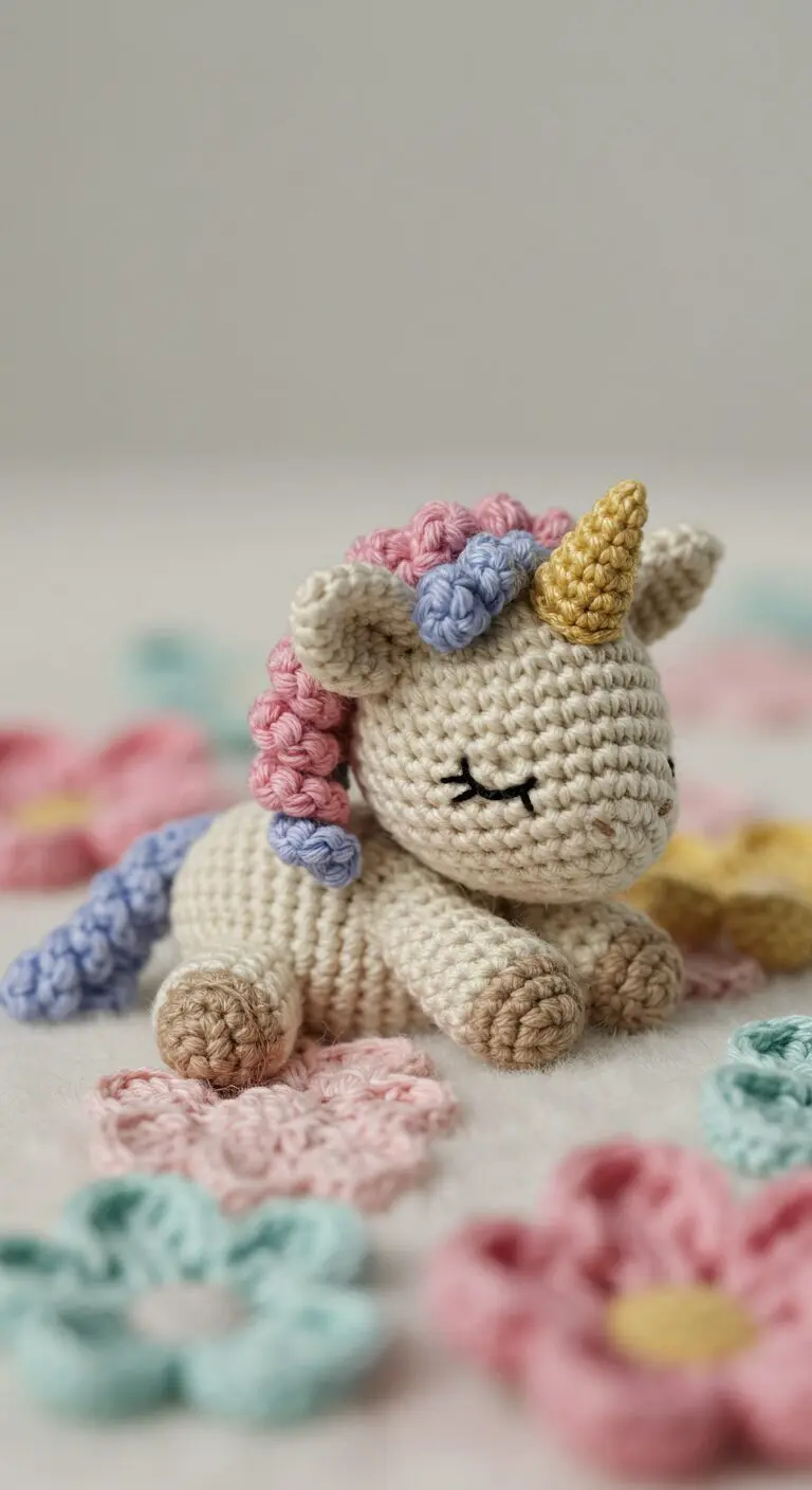 Beige Crochet Unicorn With Gold Horn4