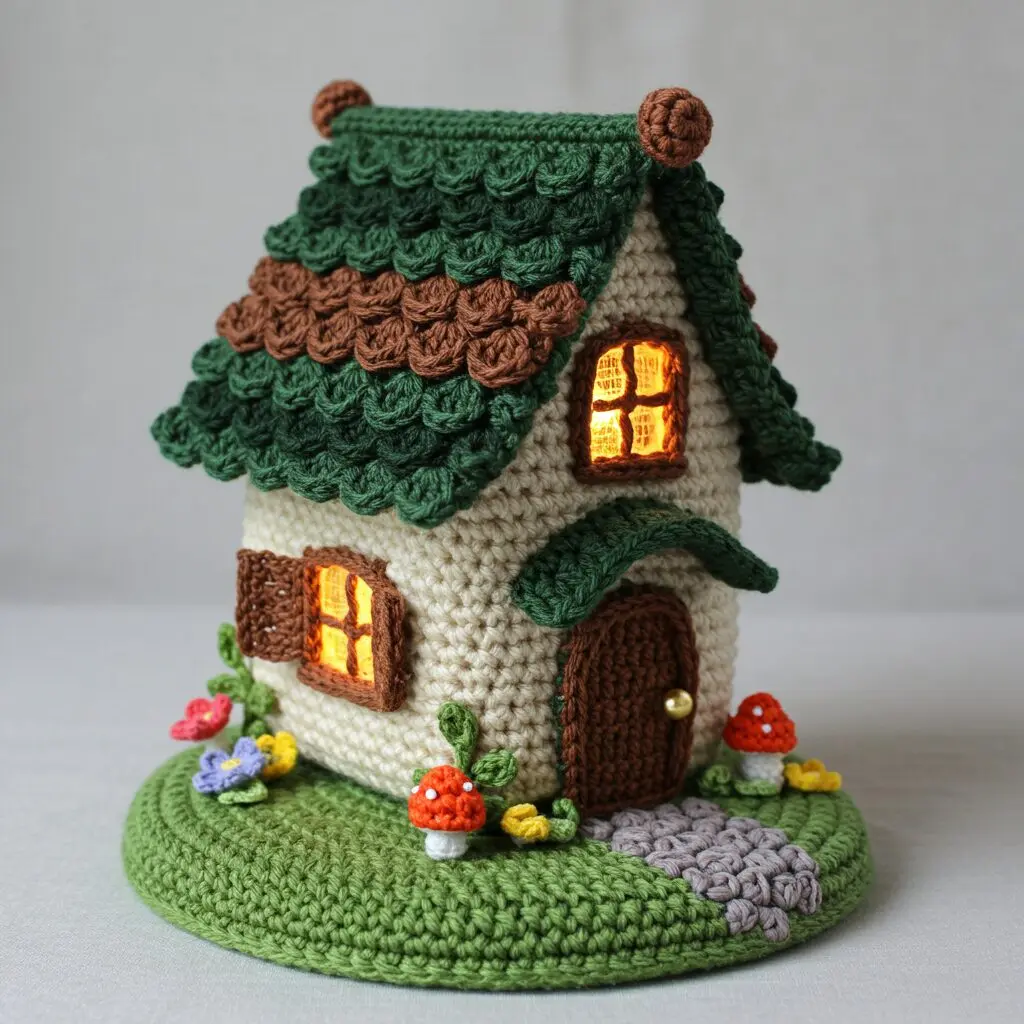 Green Crochet Mini House With Warm Lighting 8 2