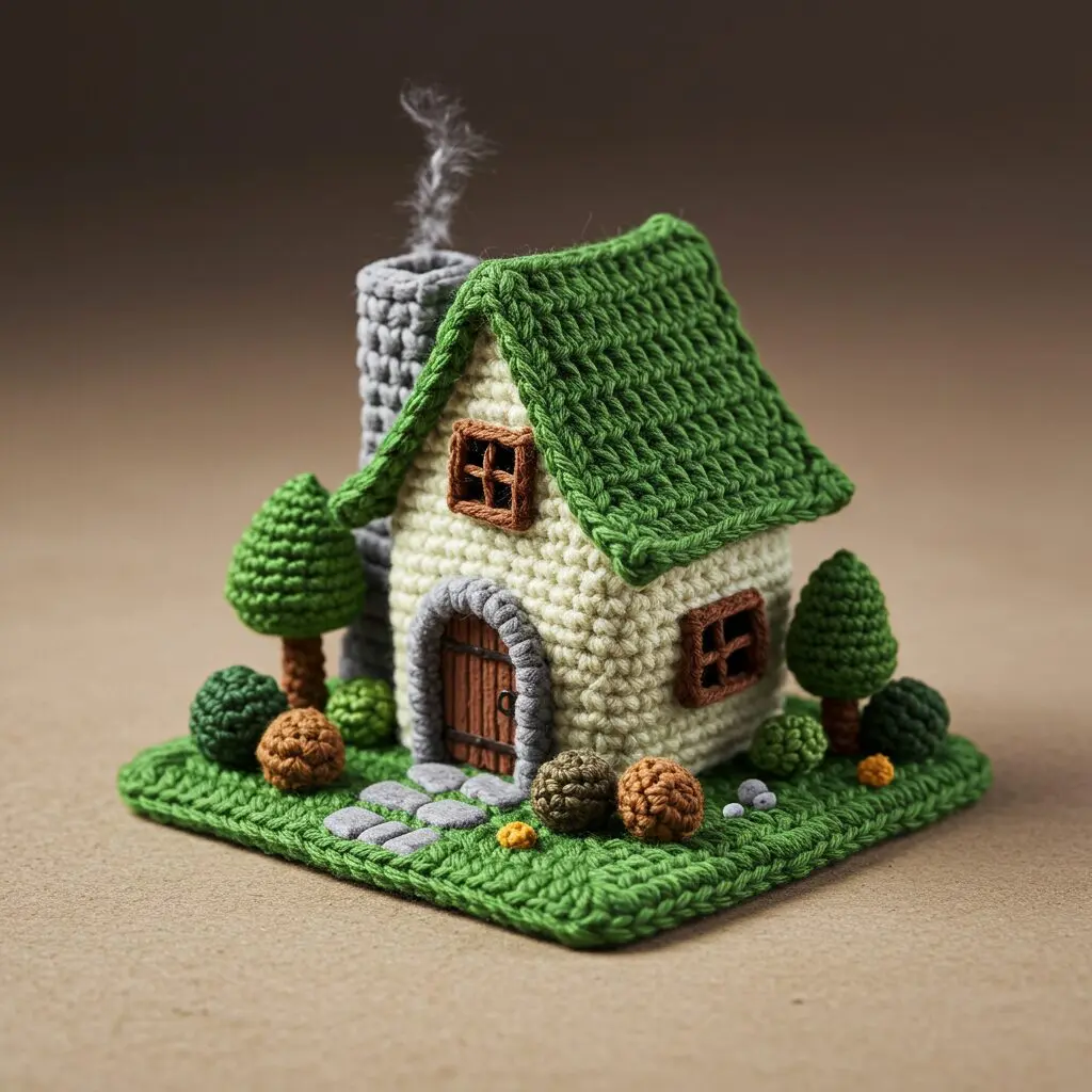 Light Green Crochet Mini House With Tiny Tree 9 2