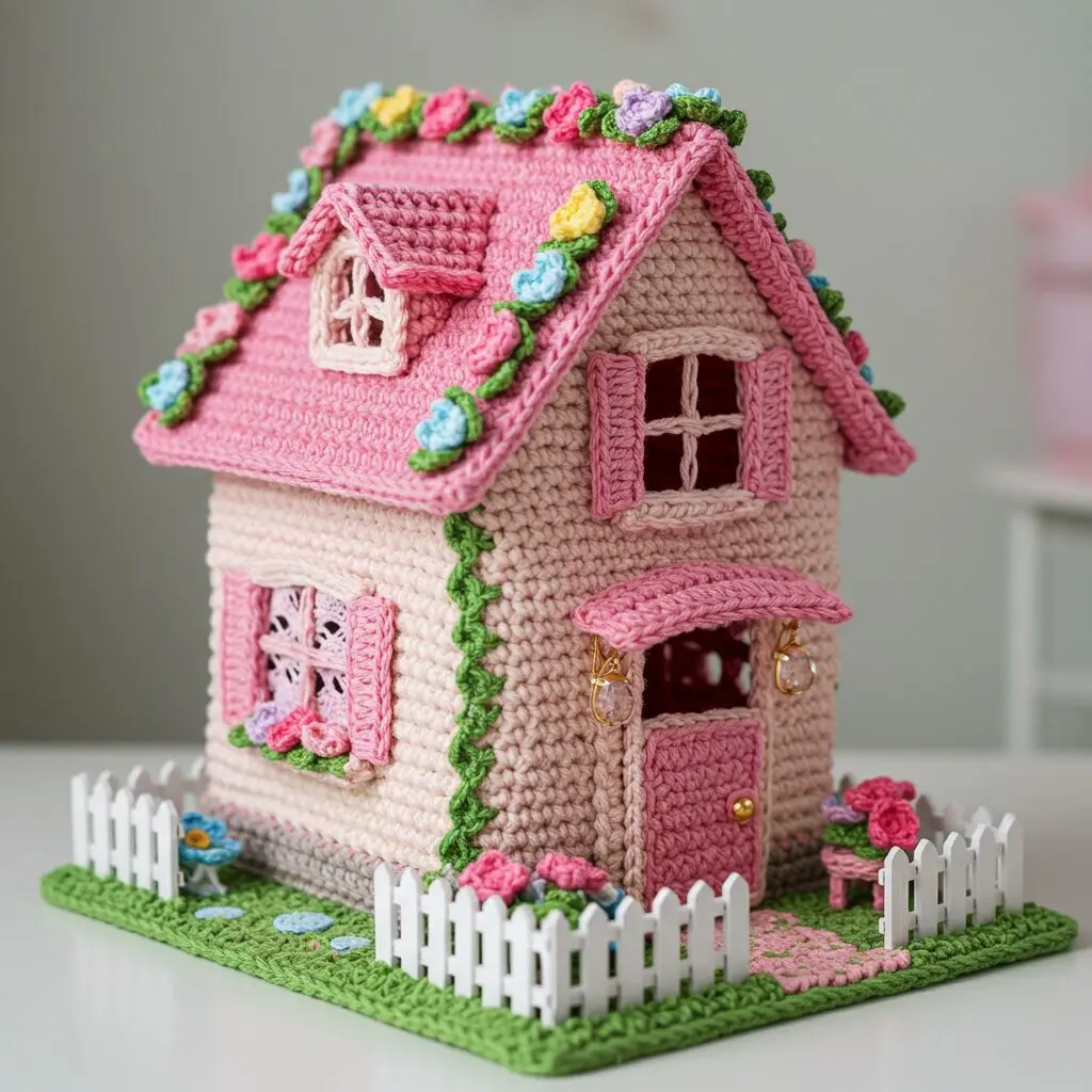 Pink Crochet Mini House With Floral Roof 2
