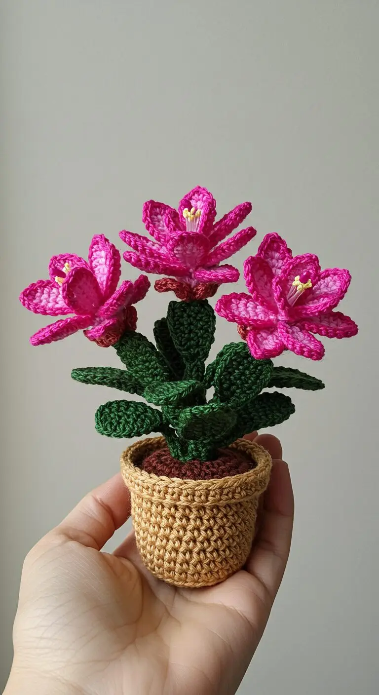 Bold Pink Crochet Flowers With Dense Greenery