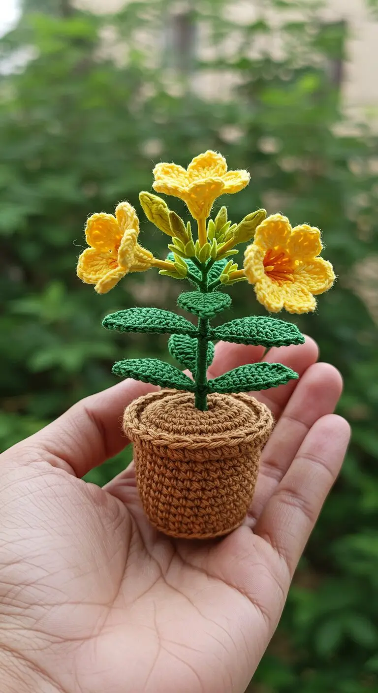 Golden Trumpet Crochet Plant In Brown Pot