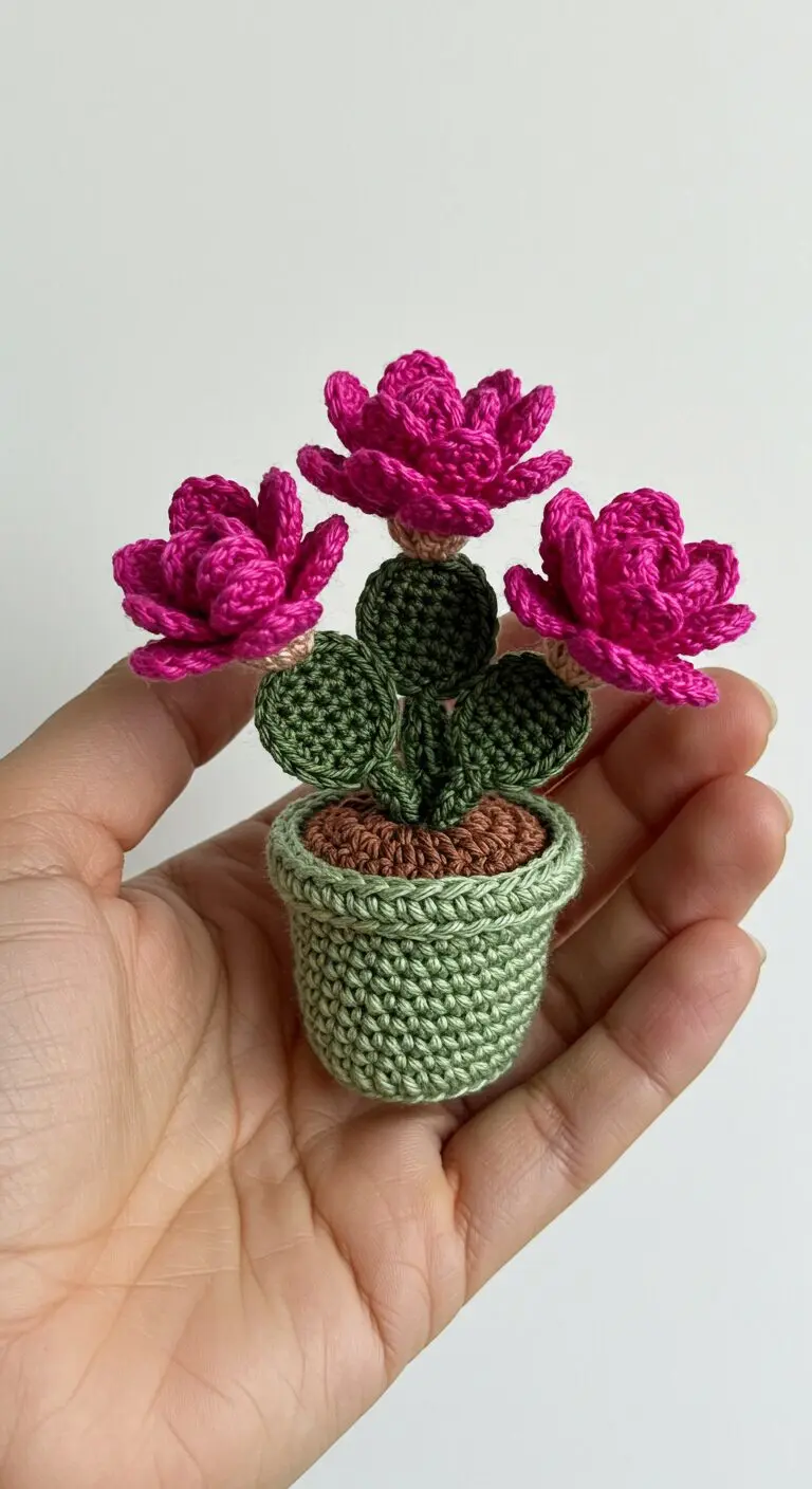 Magenta Crochet Flower Cluster In Textured Pot