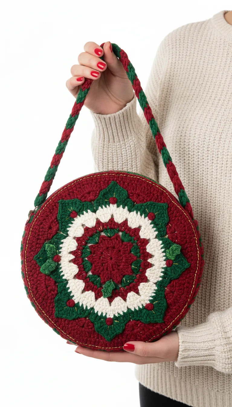 Festive Holiday Mandala Crochet Bag Pattern Holly Berry Purse 2