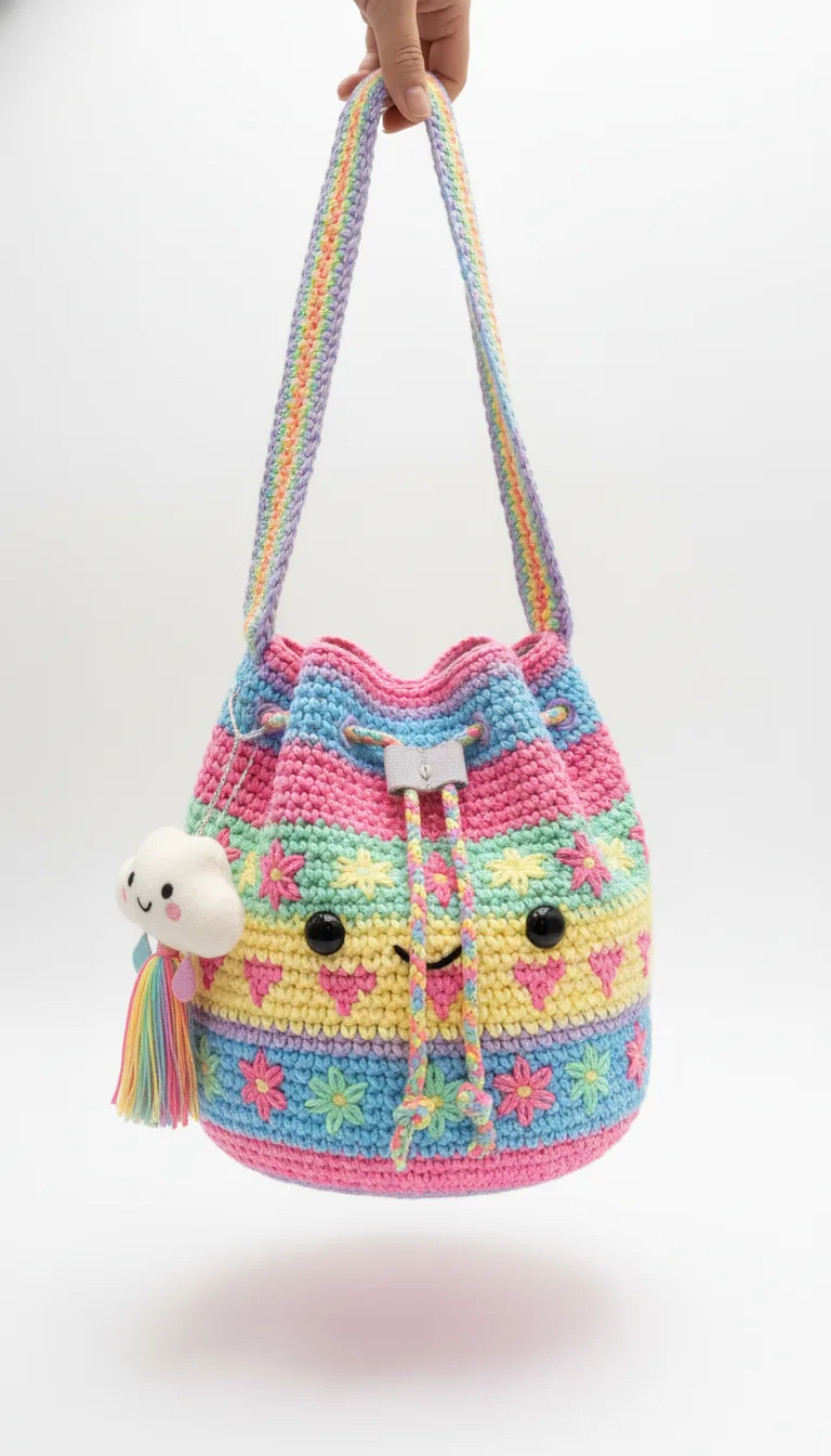 Kawaii Rainbow Smile Crochet Bucket Bag Pattern 2