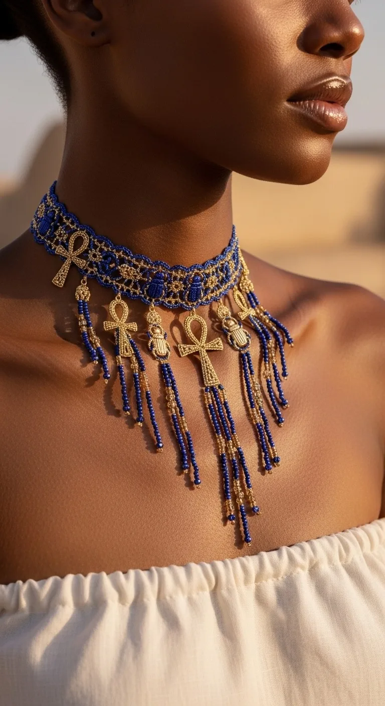 Egyptian Revival Beaded Choker Crochet Pattern Craft Your Own Ankh Scarab Necklace