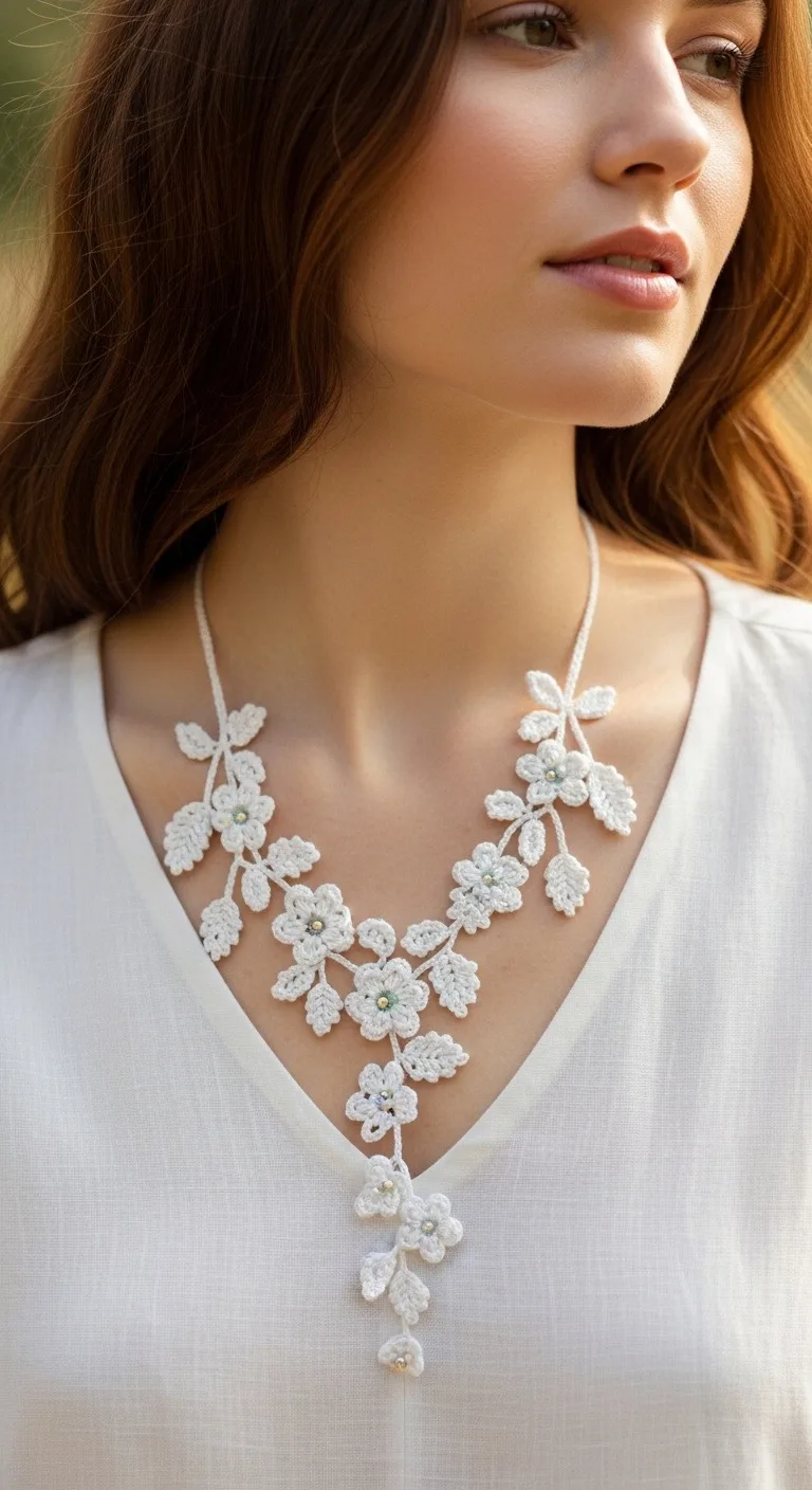 Elegant White Crochet Floral Necklace Pattern Craft Timeless Botanical Jewelry
