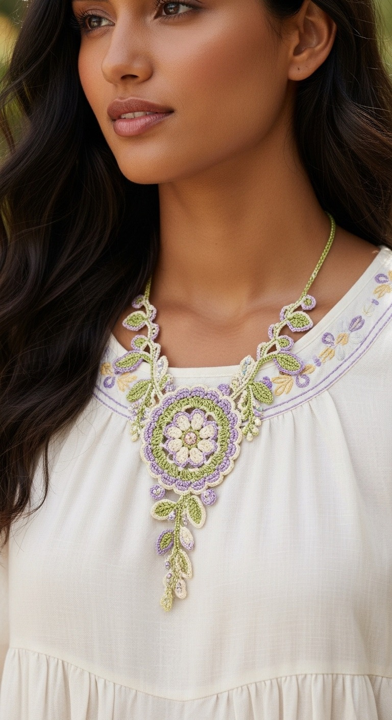 Elegant Blossom & Leaf Crochet Necklace Pattern - Crafts Ideas