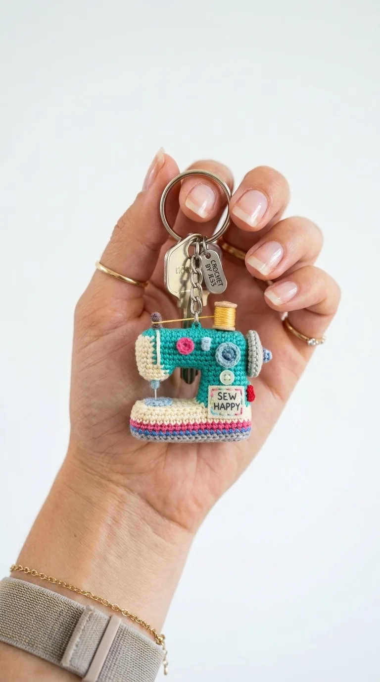 Charming Crochet Sewing Machine Keychain Free Amigurumi Pattern