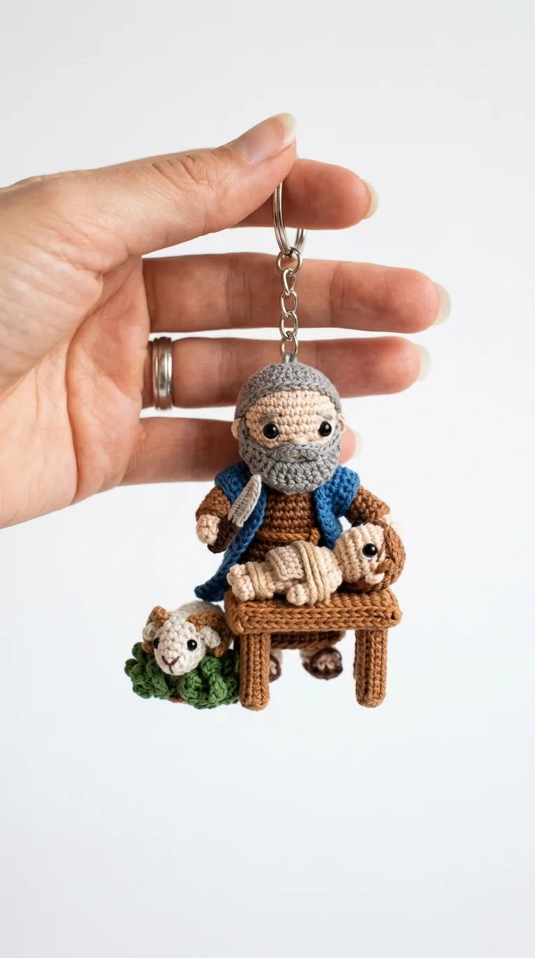 Crochet Abraham and Isaac keychain with altar and ram - Bible story amigurumi