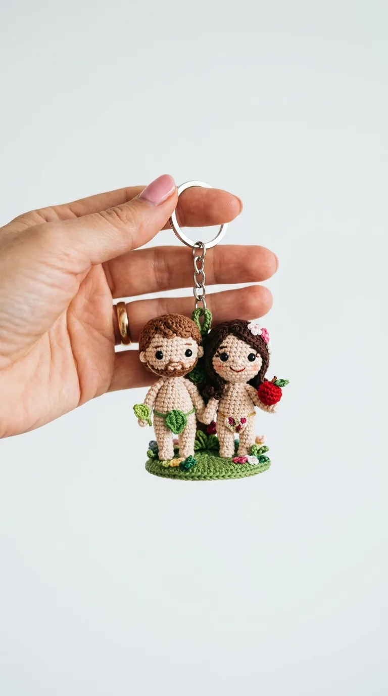 Crochet Adam and Eve keychain with leaf coverings, apple and garden base - Bible amigurumi