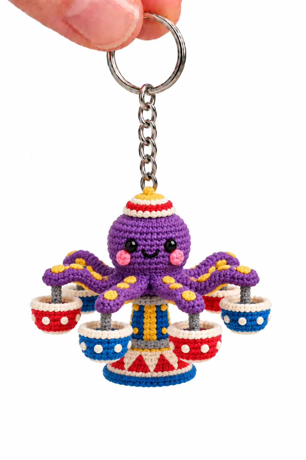 Purple crochet octopus keychain with yellow spots riding a spinning cup carousel with red and blue polka-dot cups