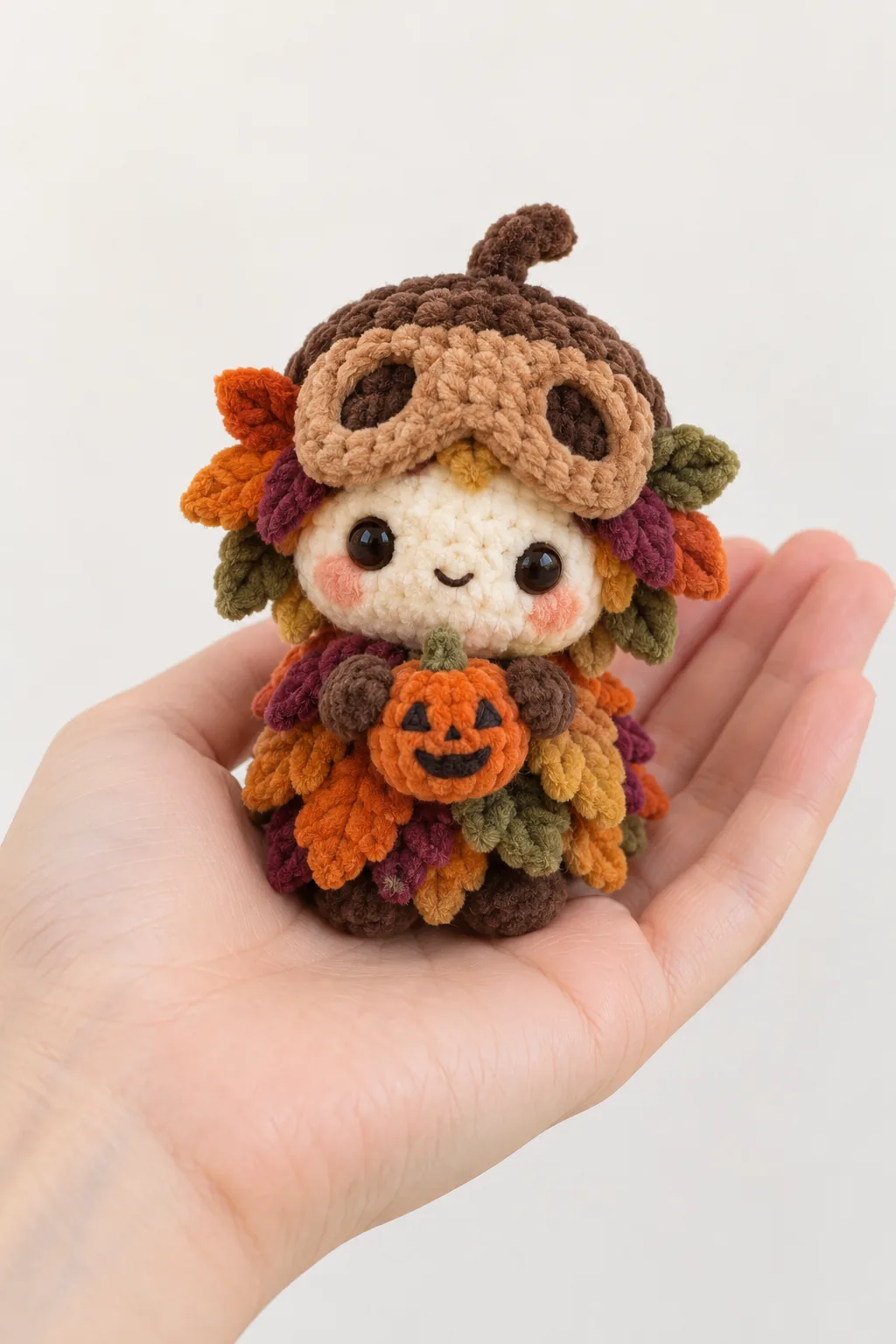 Deer wearing an autumn cape with acorns crochet plush