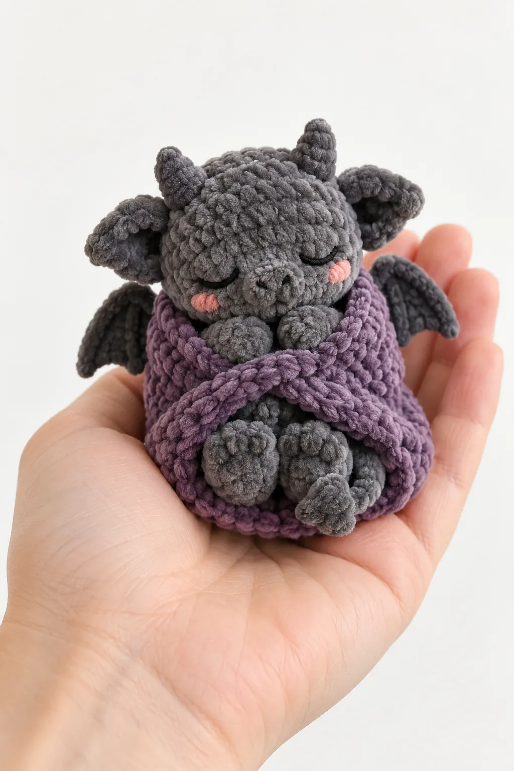 Sleepy gray baby bat wrapped in a purple crochet blanket