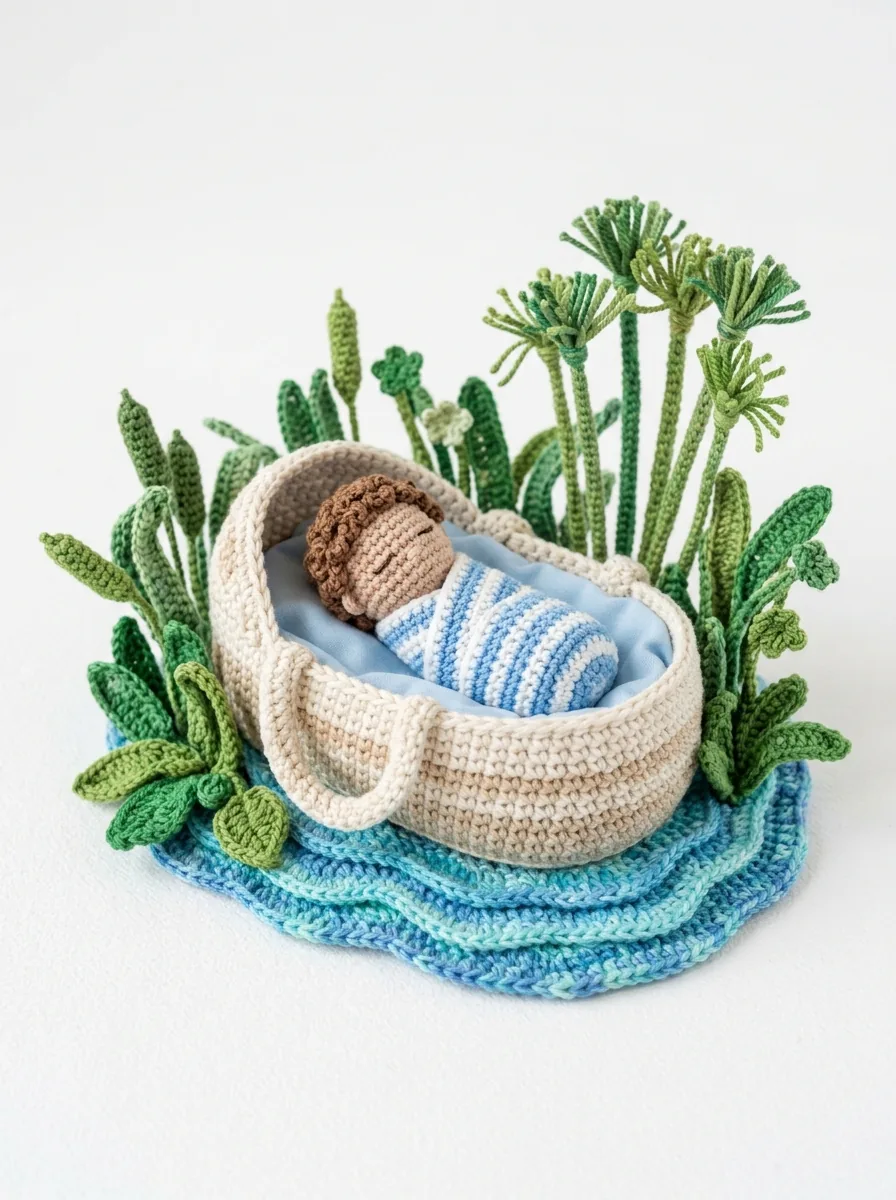 Crochet baby Moses in a basket among the Nile reeds - Bible story amigurumi scene