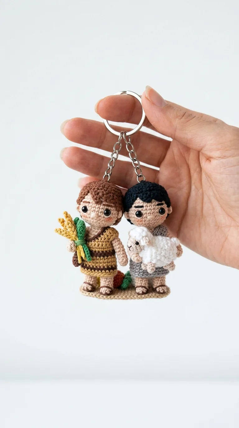 Crochet Cain and Abel keychain with wheat sheaf and lamb - Bible story amigurumi