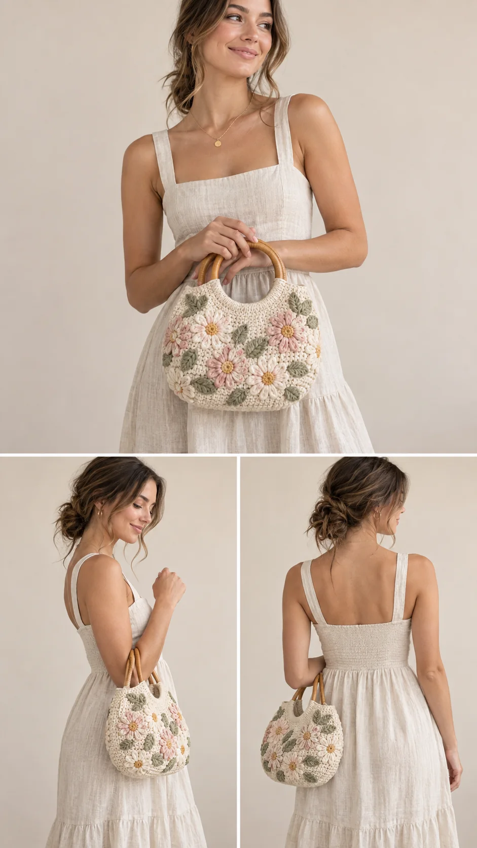 Cream crochet handbag covered in pastel pink and white daisy appliques with round wooden handles
