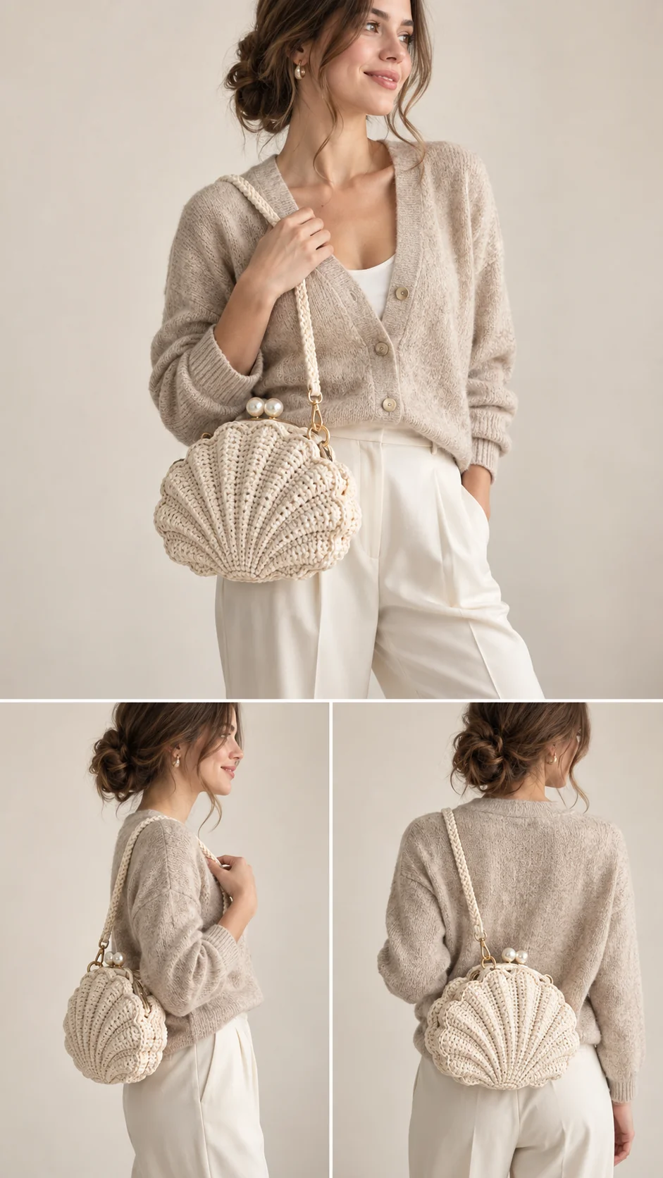 Cream crochet seashell-shaped purse with pearl bead clasp and matching shoulder strap