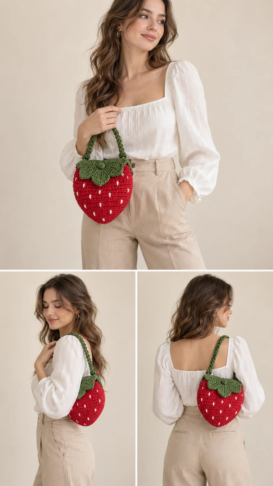 Red crochet strawberry-shaped shoulder bag with cream seed stitches and green leafy top and handles