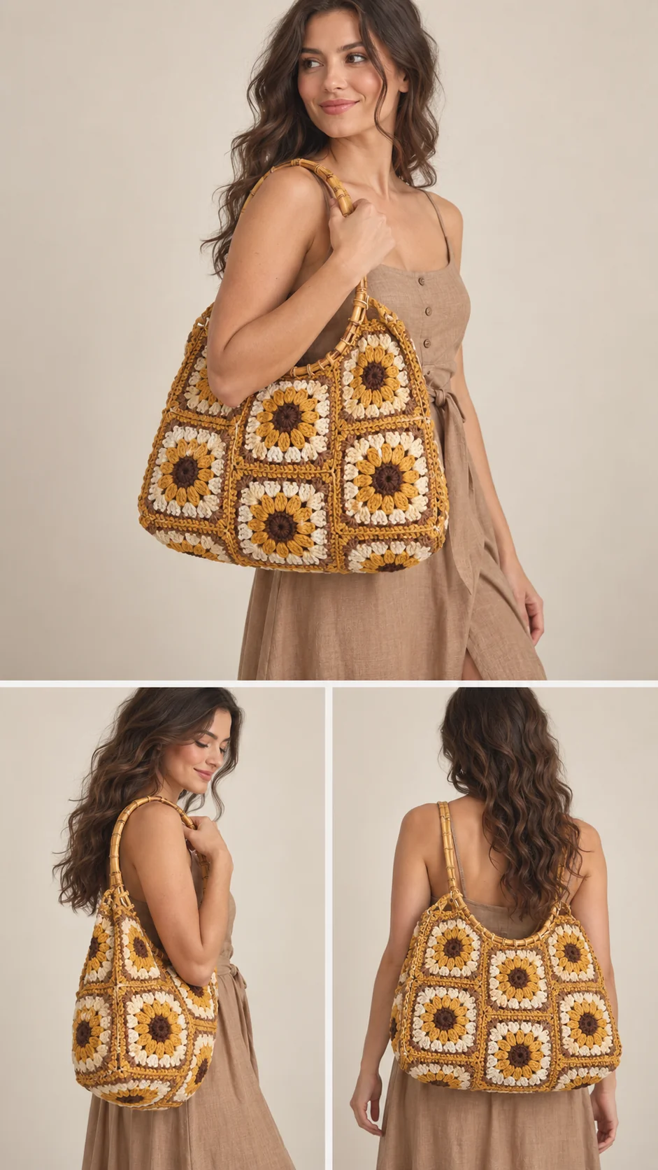 Large crochet tote bag made of sunflower granny squares in mustard gold, cream and brown