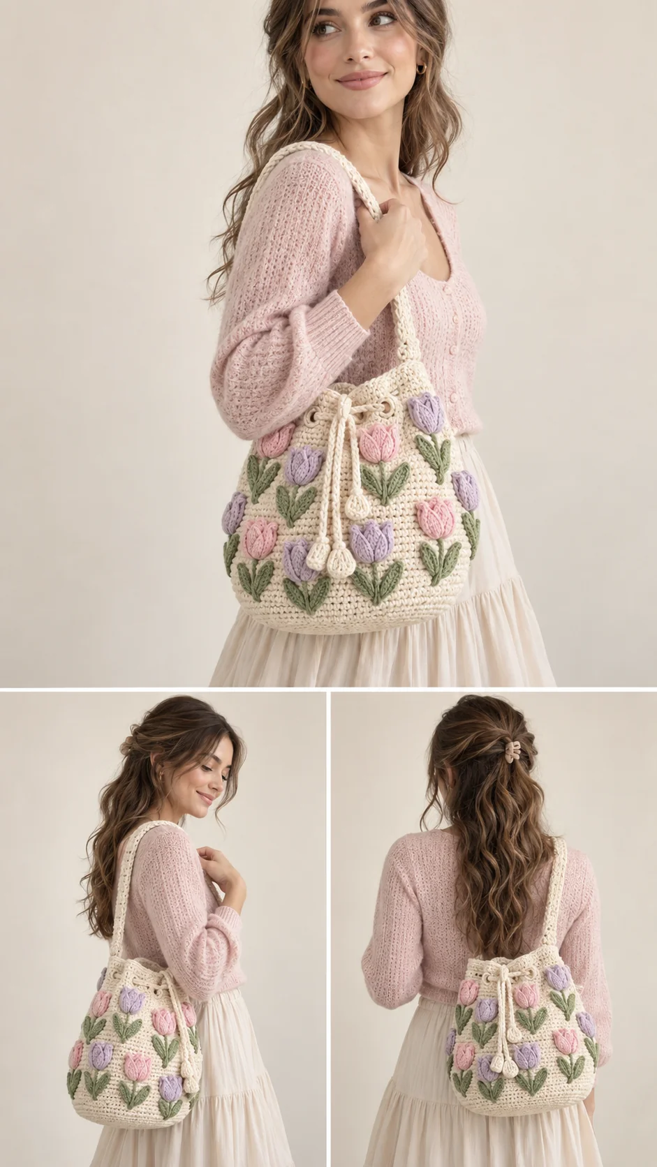 Cream crochet drawstring bucket bag decorated with pink and lilac tulips and green leaves