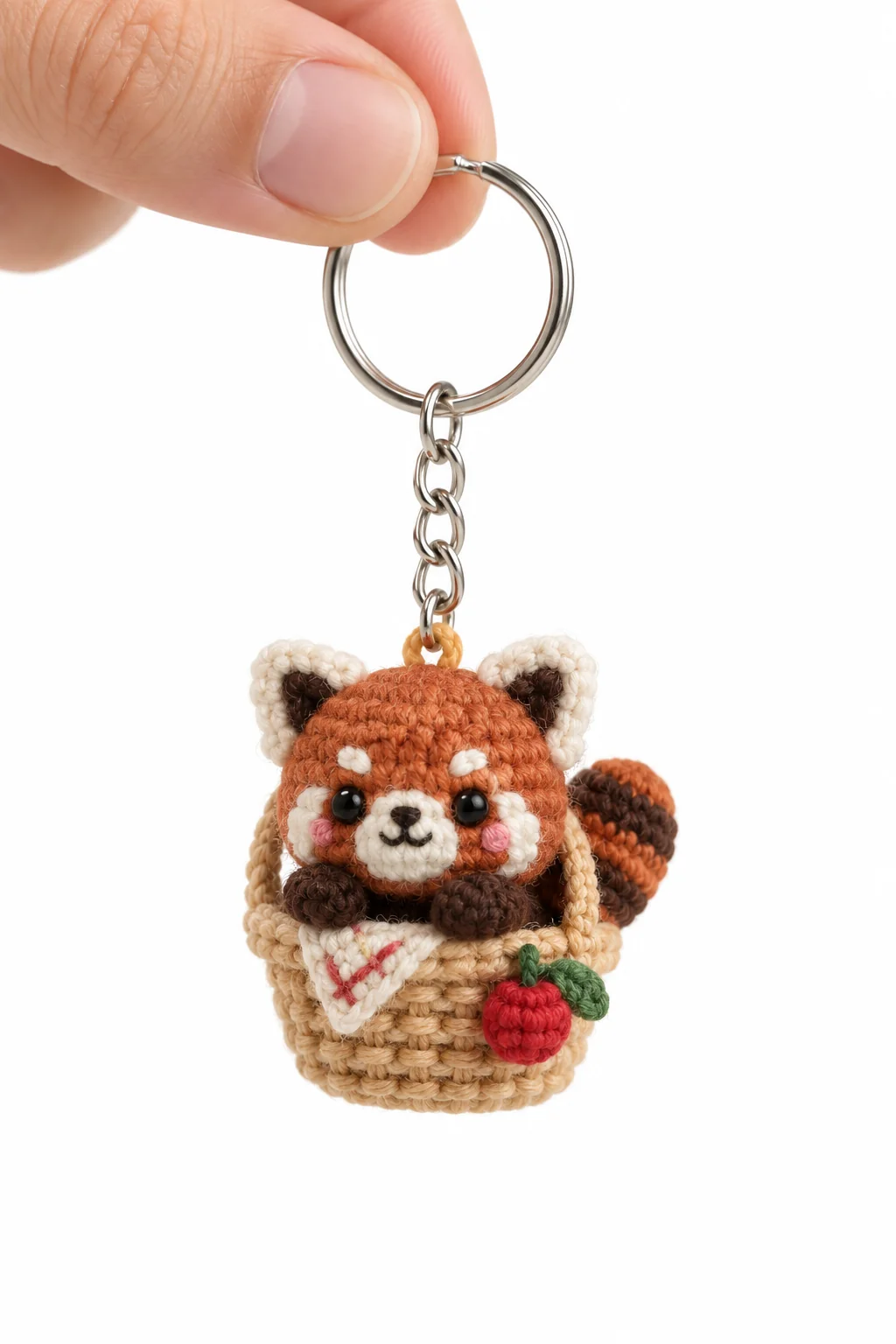 Crochet red panda keychain sitting inside a tan woven basket with a red apple and white napkin