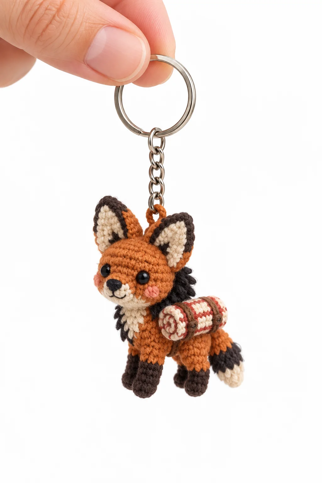Orange crochet maned wolf keychain with black mane and legs carrying a rolled red checkered blanket