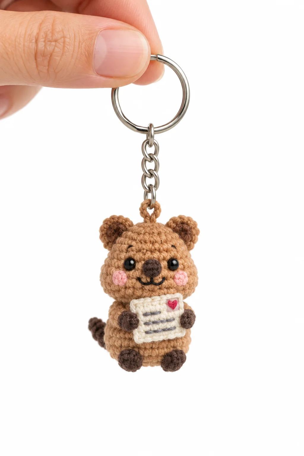 Brown crochet quokka keychain with pink cheeks holding a small white letter with a pink heart