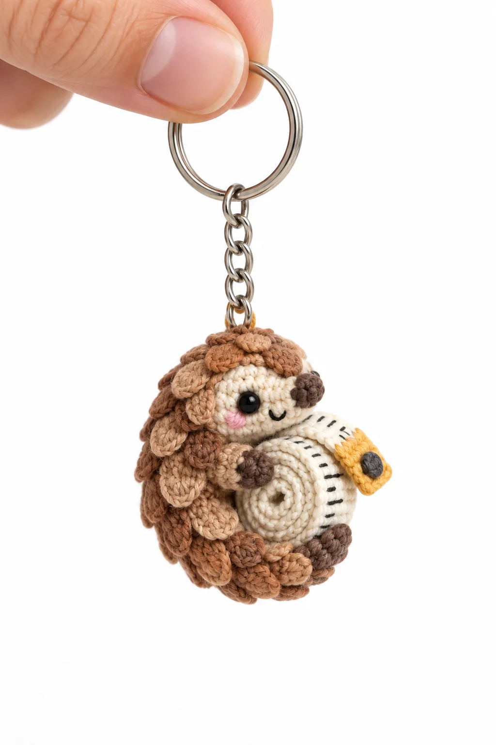 Brown crochet hedgehog keychain hugging a white rolled measuring tape with yellow tip