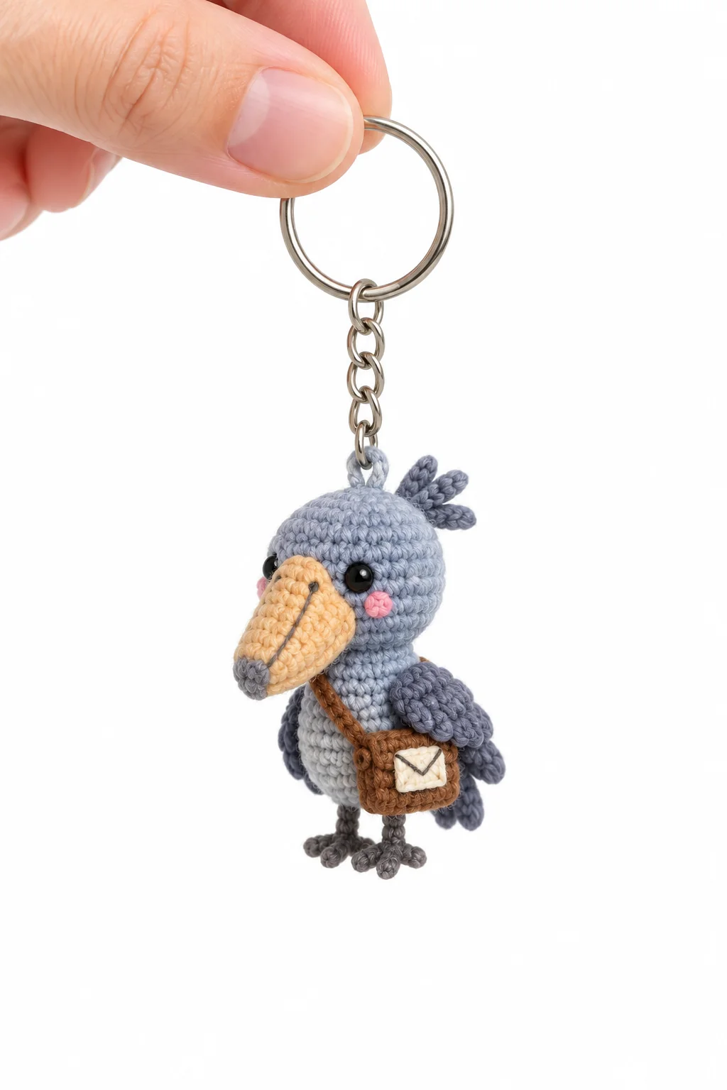 Blue-grey crochet shoebill stork keychain with cream beak and brown satchel holding a tiny envelope