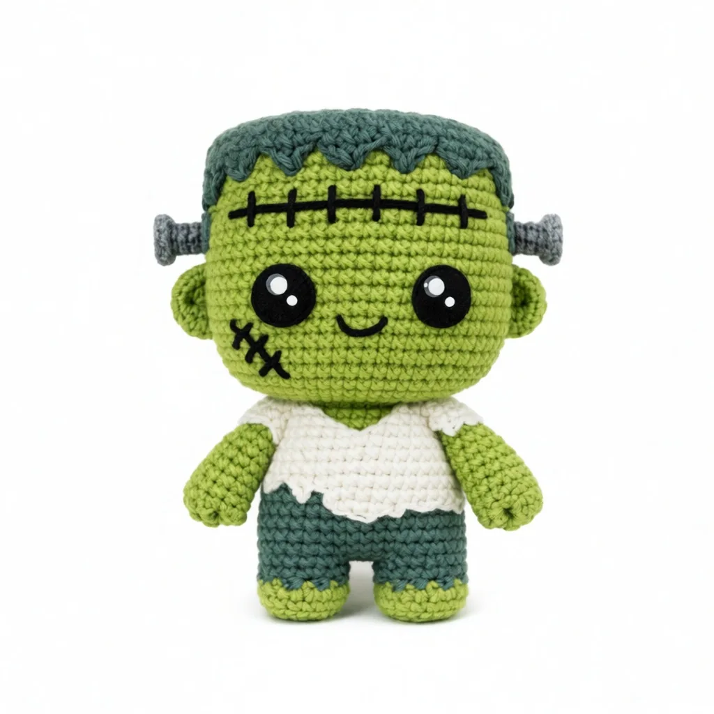 Crochet baby Frankenstein doll with green skin, forehead stitches and neck bolts - cute Halloween amigurumi