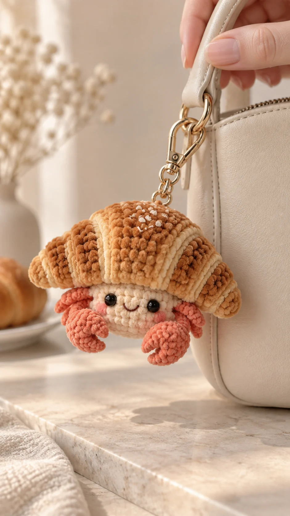 Crochet crab bag charm with coral claws peeking out of a golden croissant shell with sesame seeds