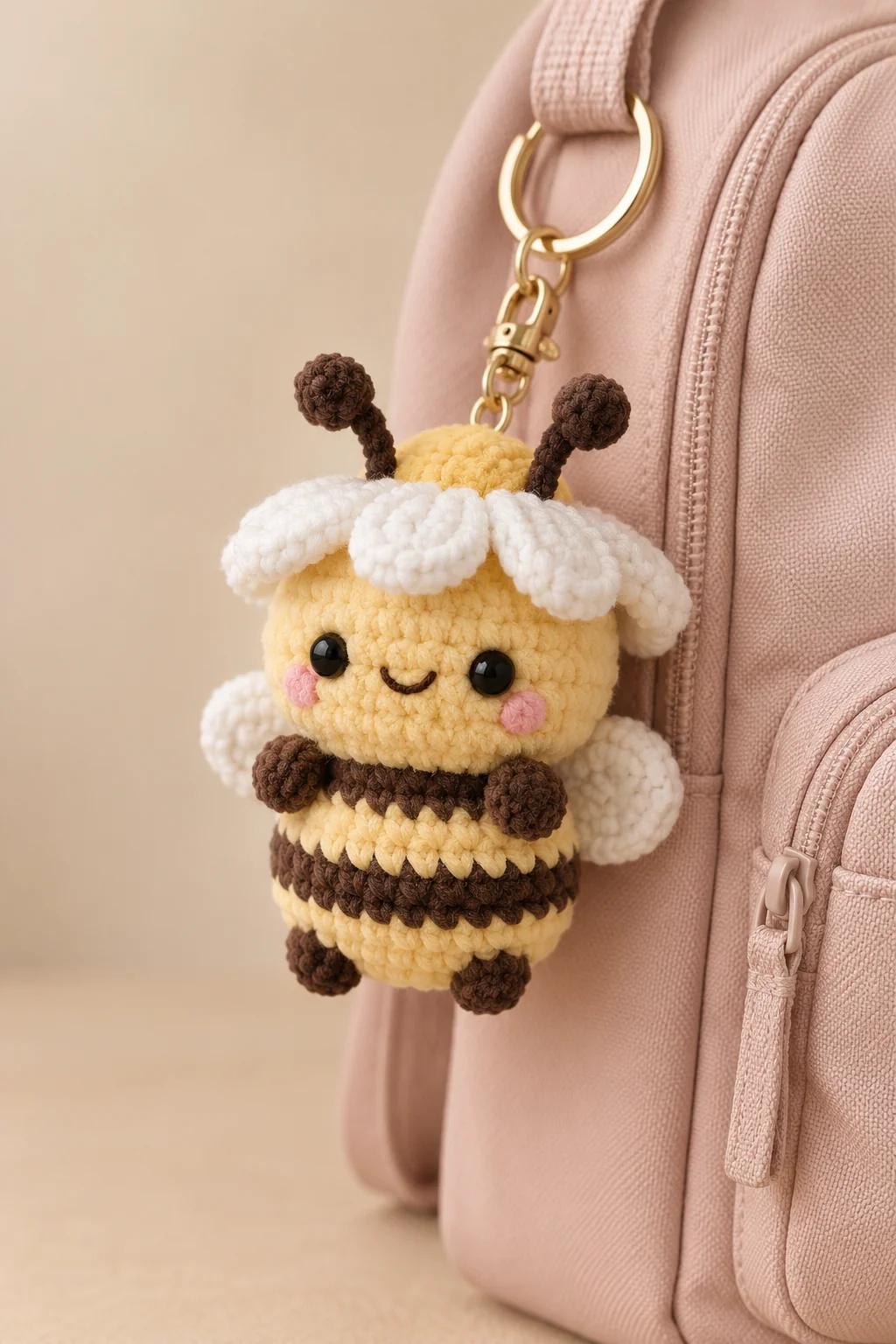Plush crochet bee bag charm in yellow and brown stripes wearing a white daisy flower hat